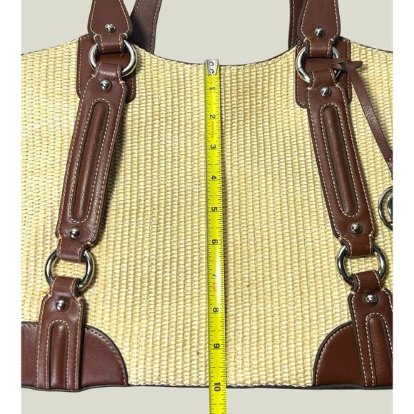 Etienne Aigner Shoulder Bag Woven Straw Basket Tote Brown Vegan Leather Trim - Picture 12 of 14